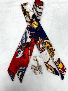 Equestrian Silk Twilly Scarf & Horse Charm Set Hermès Style Bag Scarf Purse